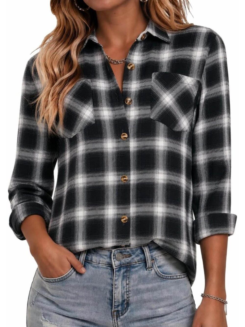 Women's Black Flannel Plaid Long Sleeve Button Down Imported Tops Work Blouse